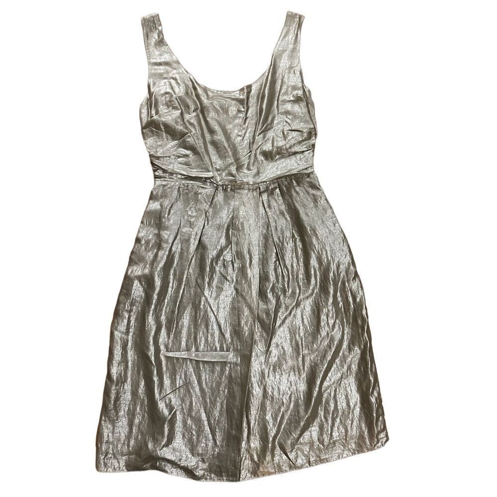Elie Tahari Metallic Pewter Midi Dress Silk Blend Sleeveless Size 12 Modern Chic